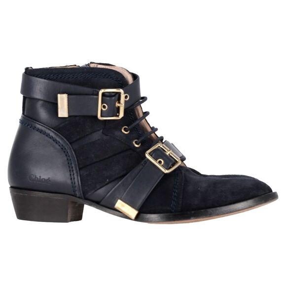 Chloé Buckled and Lace-Up Detail Ankle Boots in Black Suede - Picture 1 of 6